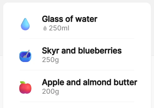 Meal Graph Quick Add menu with saved drink, food, and combination presets